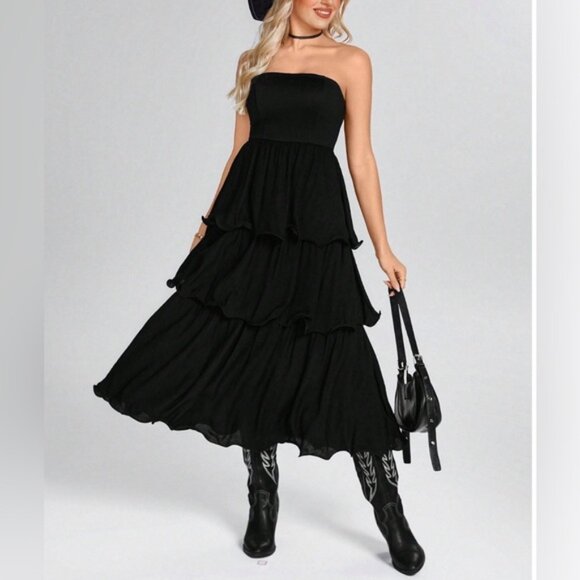 Boho Strapless Ruffle Hem Dress Black - Picture 6 of 10